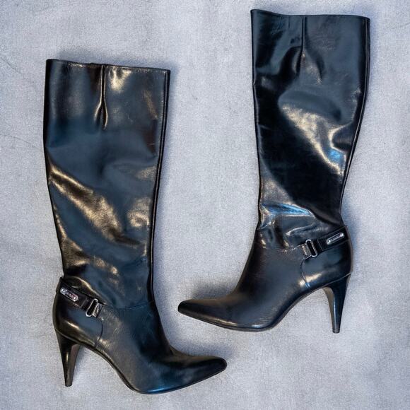 Vintage Y2K Calvin Klein Liv Black Leather Knee Length Heel Boots Women’s 7.5 - Picture 1 of 11
